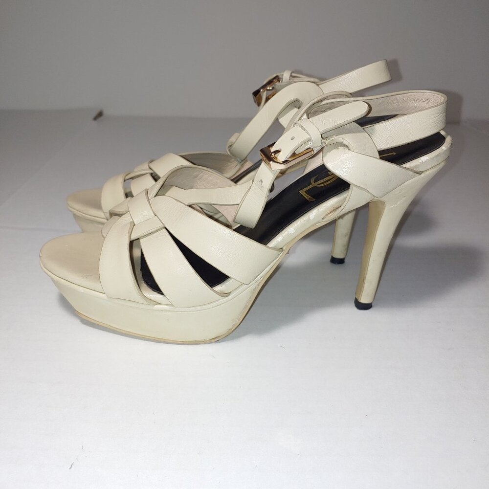 SAINT LAURENT Tribute Platform Sandals in Smooth Leather Cream Size 39 - Picture 2 of 15